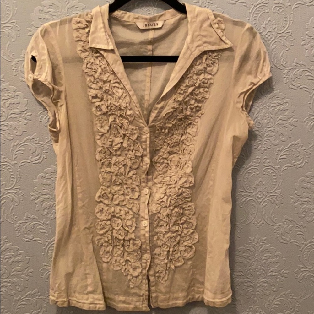 4/$20 Cotton button up textured cap sleeve blouse